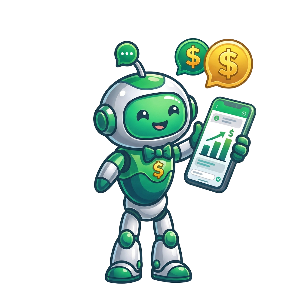 Mascote robô do ZapContas com um celular